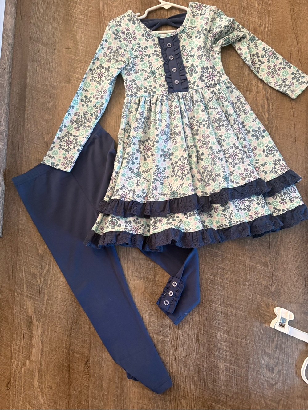 Girls Snowflake Navy and Light Floral Ruffle Tunic with Navy Leggings